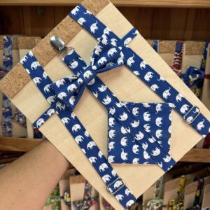 Lazo de niñ@ con estampado de elefantes en azul y blanco, ideal para accesorios infantiles y regalos personalizados.