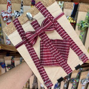 1. Correa para perros a rayas en color burdeos y blanco, con lazo decorativo y hebillas metálicas.