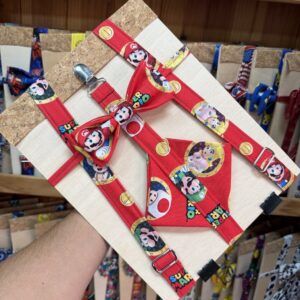Super Mario accesorios para mascotas, gorro y correa con estampados del famoso personaje.