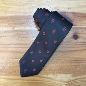 Corbata negra con diseño de rayas rojas, ideal para ocasiones formales y moda masculina elegante.