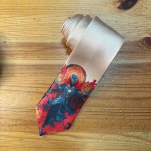 Corbata con diseño artístico y tarjeta de presentación, elegante y creativa, ideal para eventos formales y promocionales.