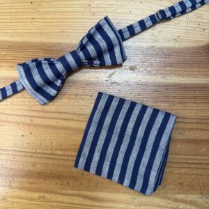 Lazo de pajarita y pañuelo a rayas en tonos azul y beige para ocasiones formales y elegantes.