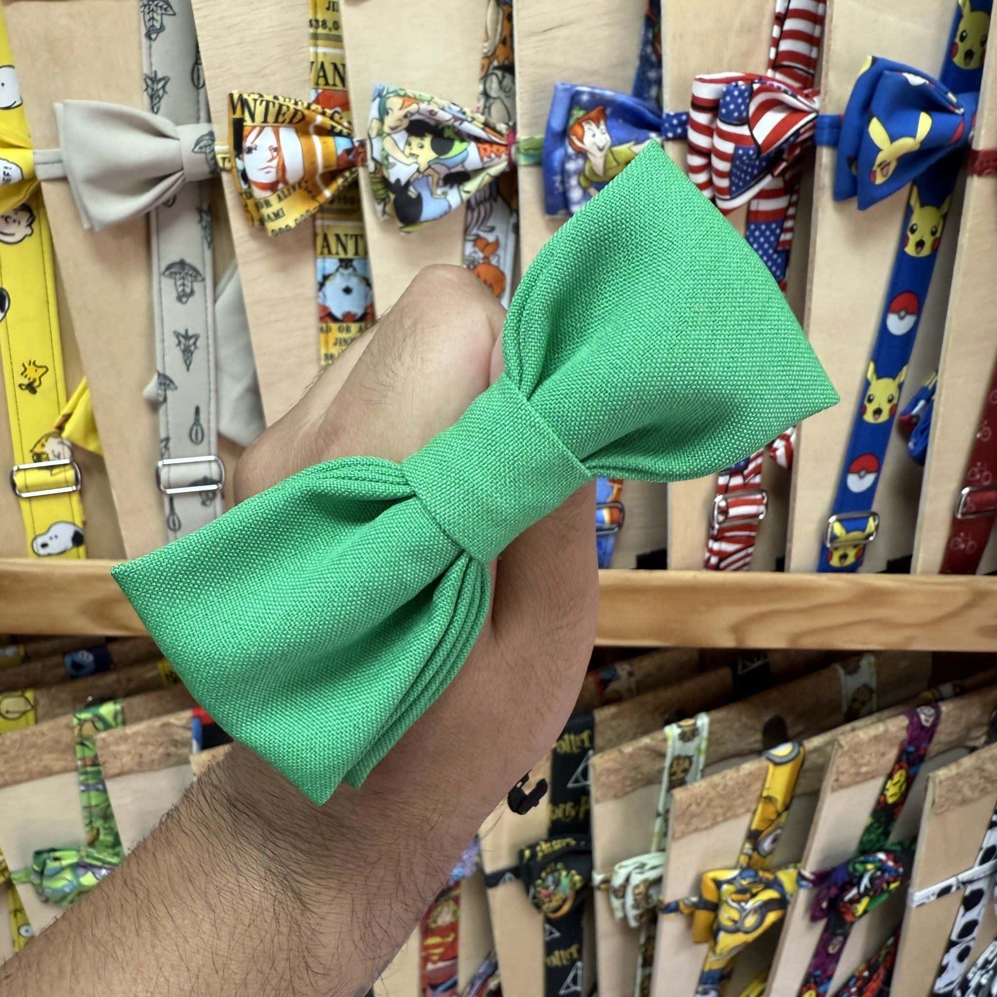 Braga de charol con lazo verde en tienda de accesorios para mascotas.